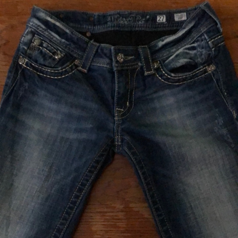 Miss Me Boot cut Jeans medium blue with fading in all the right areas. 33 length